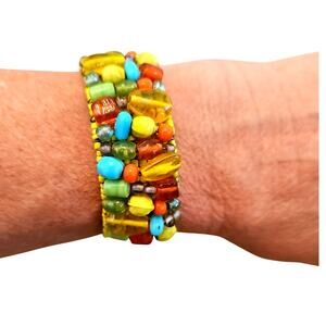 Vintage 70s Colorful Multi Color Beaded Stretch Cuff Bracelet Boho Hippie Gypsy